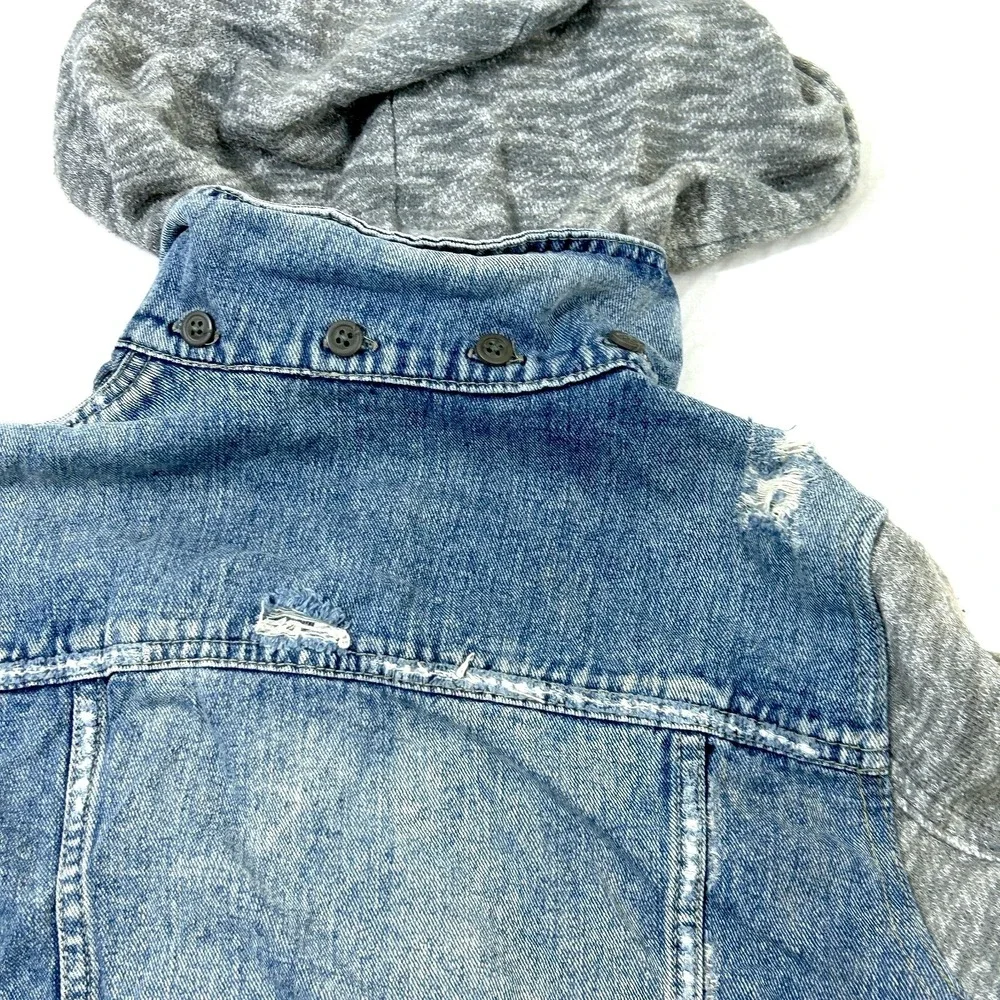 Free People Cotton Denim Jean Knit Hoodie Collared Layered Jacket Blue Gray S - Picture 10 of 12